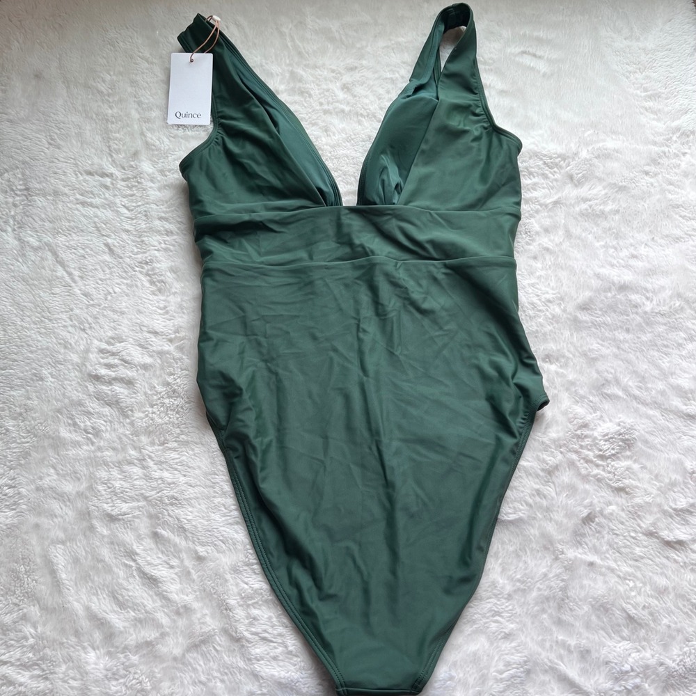 Quince Women's Forest Green Recycled V-Neck One-Piece Swimsuit ATG001 Large NWT - Picture 5 of 9